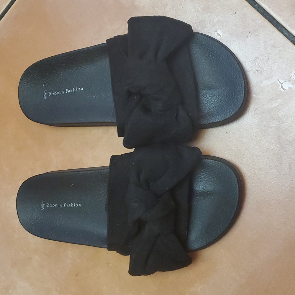 Black Suede Bow Slipon Sandals Slides 8